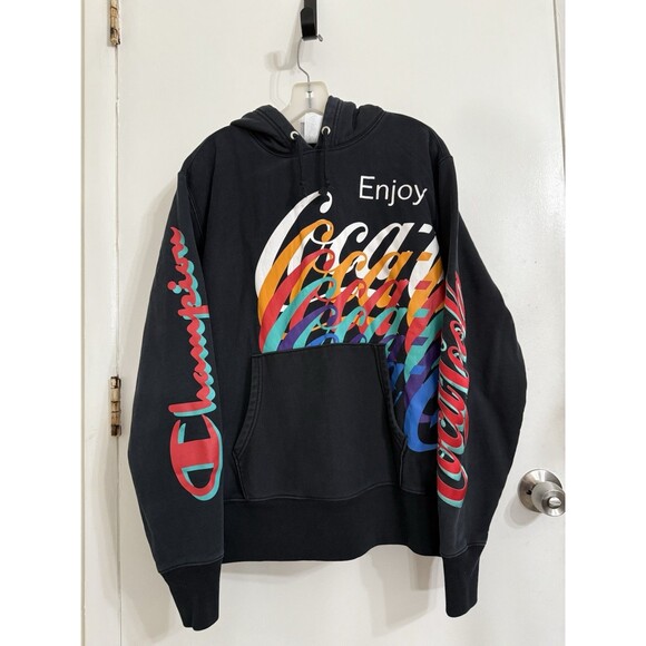 Vintage Champion Hoodie Mens -Large -Black Reverse Weave Coca Cola Sweatshirt - Picture 1 of 13